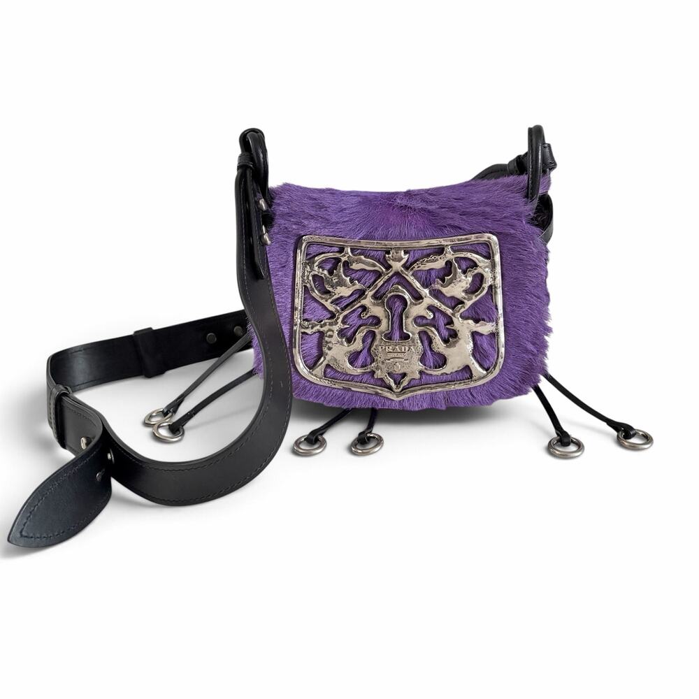 Prada Corsaire Purple Pony Hair Crossbody Bag Black Velvet & Silver Hardware COA